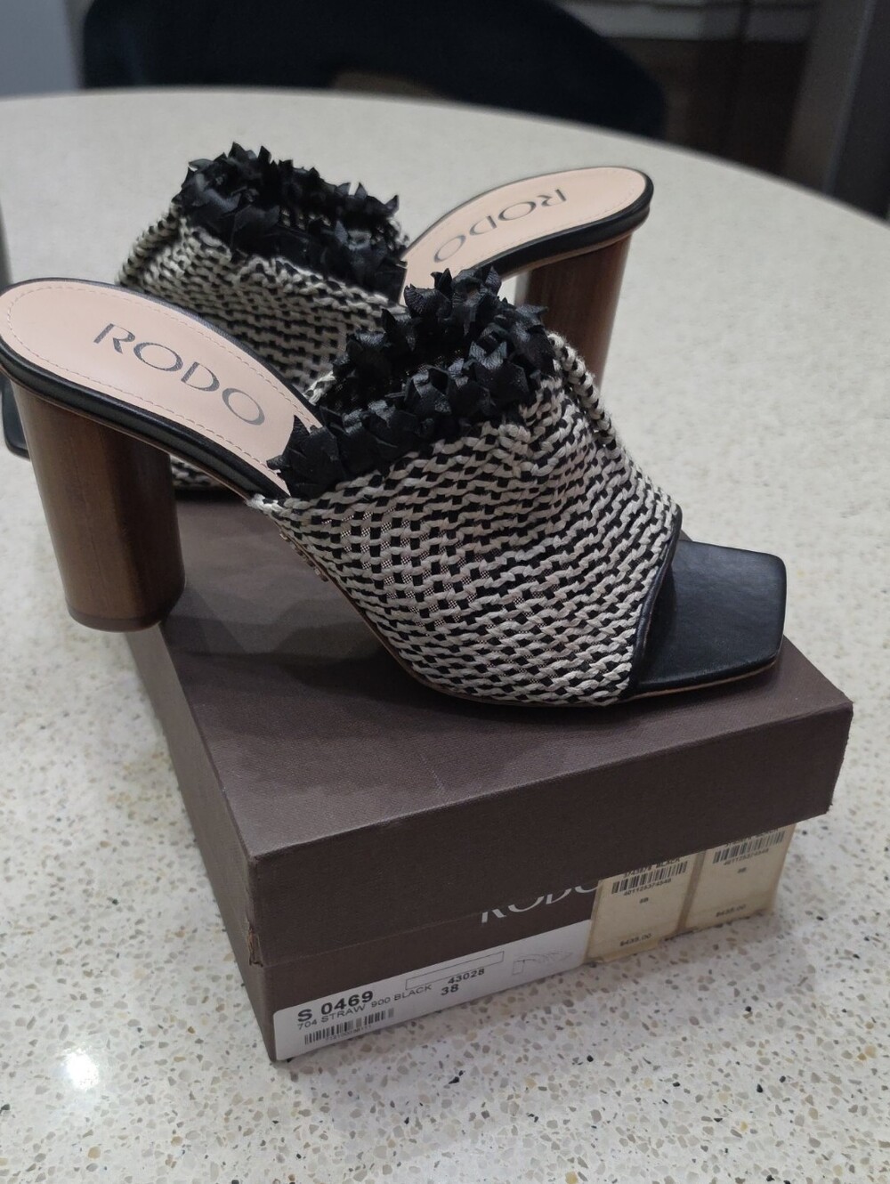 Rodo Black and Natural Woven Block Heel Mules
